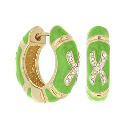 Elegant Hugs Enamel Earrings lime green gold-tone hoops with crystal X motif by Lauren G Adams on Tampa Home & Garden Store