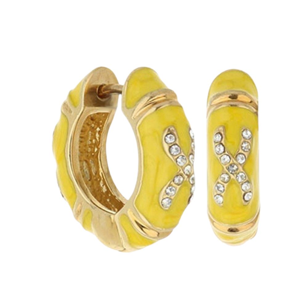 Elegant Hugs enamel earrings, Lauren G Adams, yellow gold-tone hoops with crystal X accents on Tampa Home & Garden Store