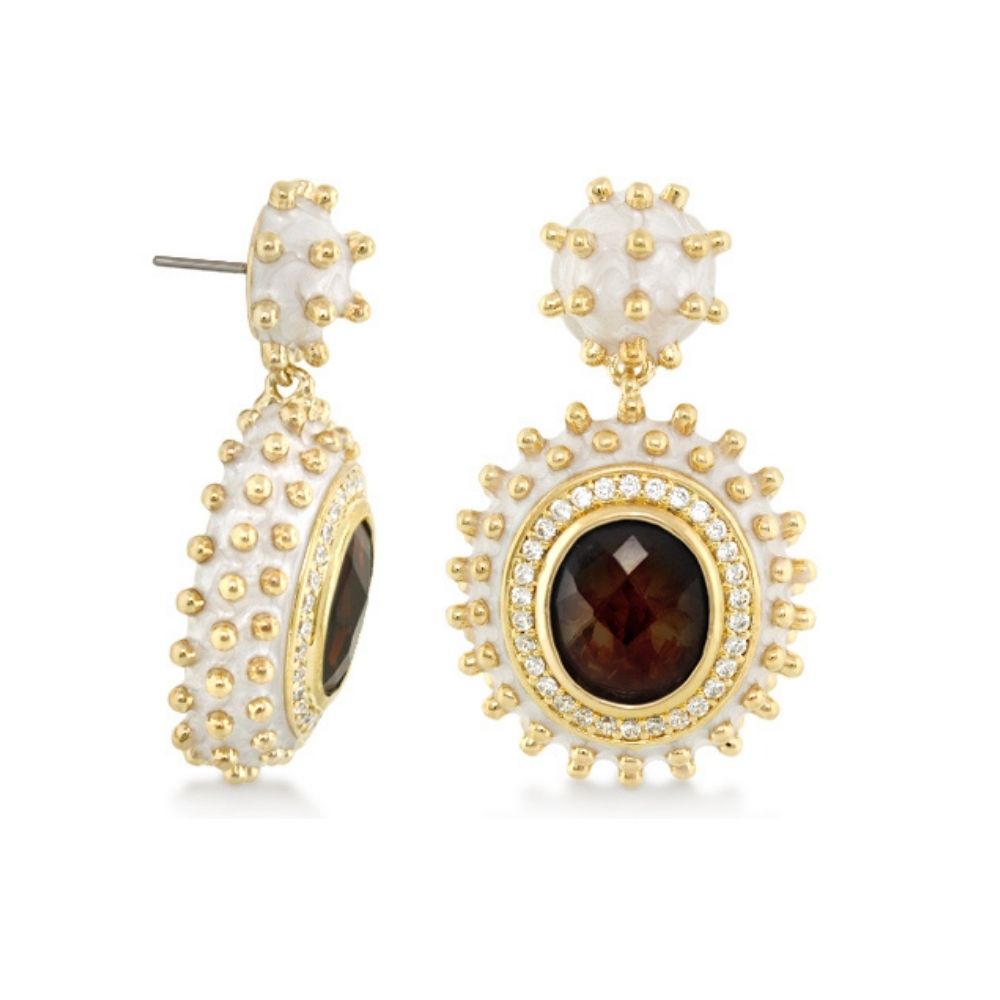 Fresh Fantasy earrings by Lauren G Adams, gold-tone drop with brown oval gem pave crystals on Tampa Home & Garden Store