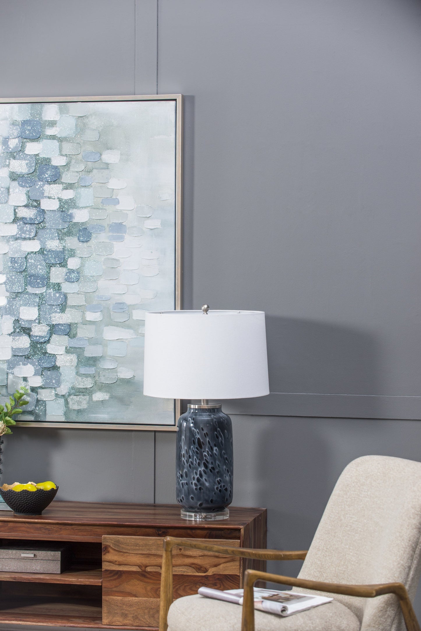 Ellis Glass Table Lamp with blue perforated base and white drum shade by HouseOfZazla on Tampa Home & Garden Store