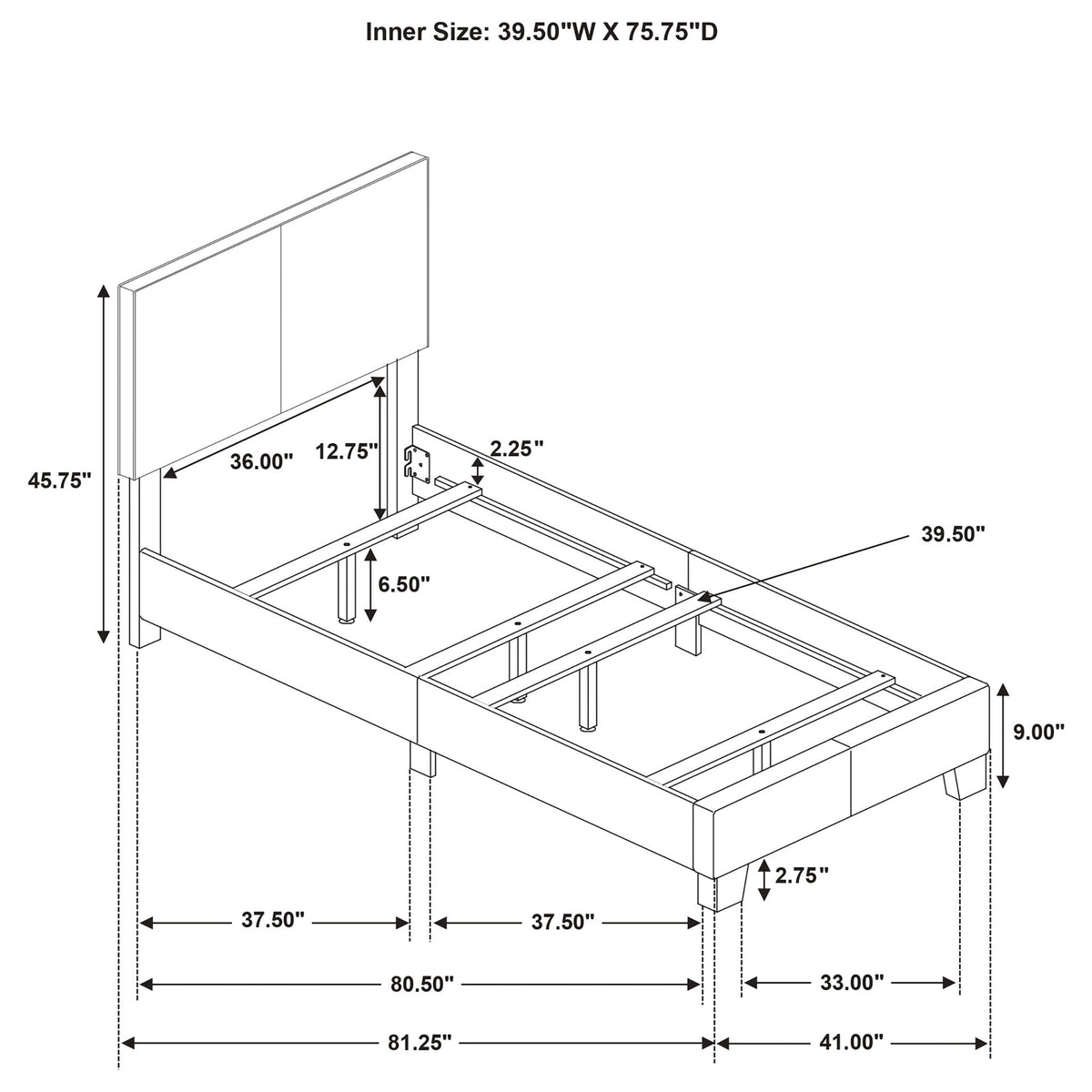 Efram Panel Bed by HouseOfZazla schematic with dimensions for upholstered platform bed frame on Tampa Home & Garden Store