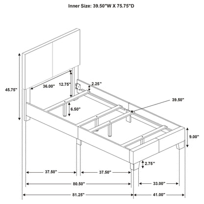Efram Panel Bed by HouseOfZazla schematic with dimensions for upholstered platform bed frame on Tampa Home & Garden Store