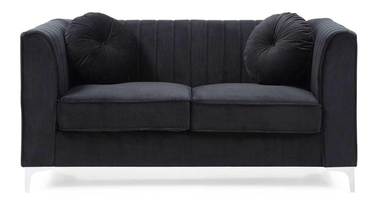 Glam Styled Micro Suede Loveseat with Channel Quilting, black, 2-seat cushions, chrome legs on Tampa Home & Garden Store