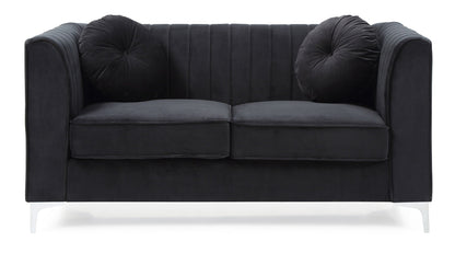 Glam Styled Micro Suede Loveseat with Channel Quilting, black, 2-seat cushions, chrome legs on Tampa Home & Garden Store
