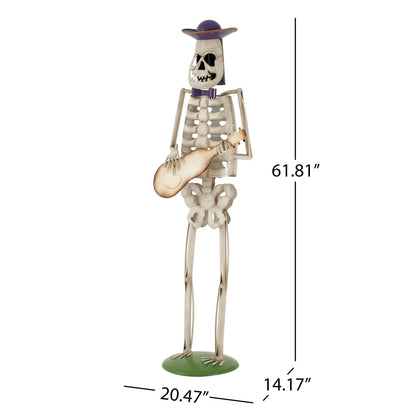 Halloween Skeleton yard statue with metal guitar and purple hat on Tampa Home & Garden Store