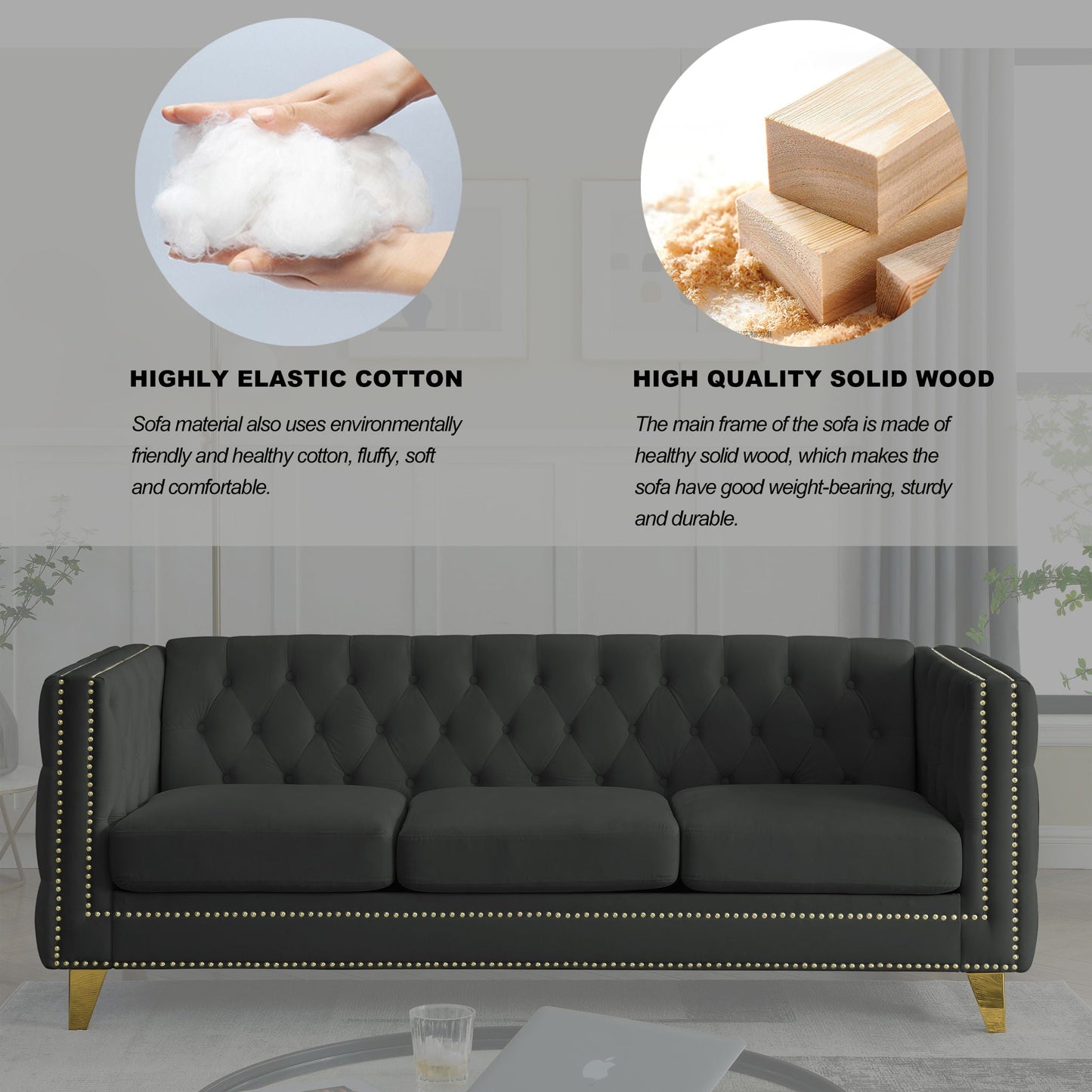 Modern Button Tufted Sofa With Nailhead Trim