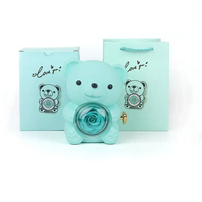 Eternal Rose Teddy Bear Jewelry Box aqua with rotating rose necklace FLIPSTYLEZLLC on Tampa Home & Garden Store