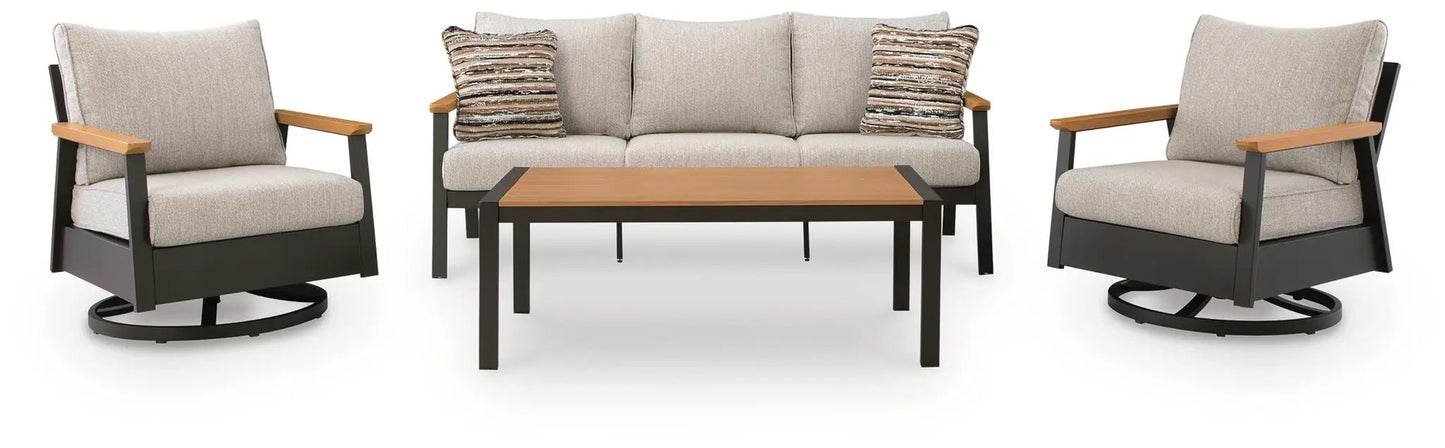 Carmel Highlands 4-piece outdoor set sofa chairs table dark brown frames beige cushions on Tampa Home & Garden Store