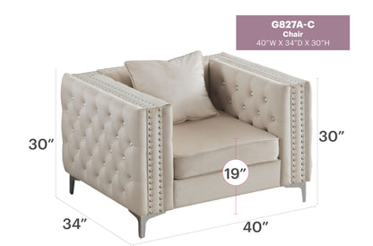 Tufted Arm Chair Paige with diamond buttons in beige upholstery, metal legs on Tampa Home & Garden Store