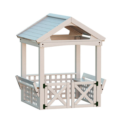 Outdoor Wood Playhouse with White Bench and Door