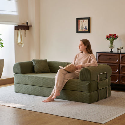 78.8in Compression Sofa green plush ribbed fabric convertible floor sofa bed on Tampa Home & Garden Store