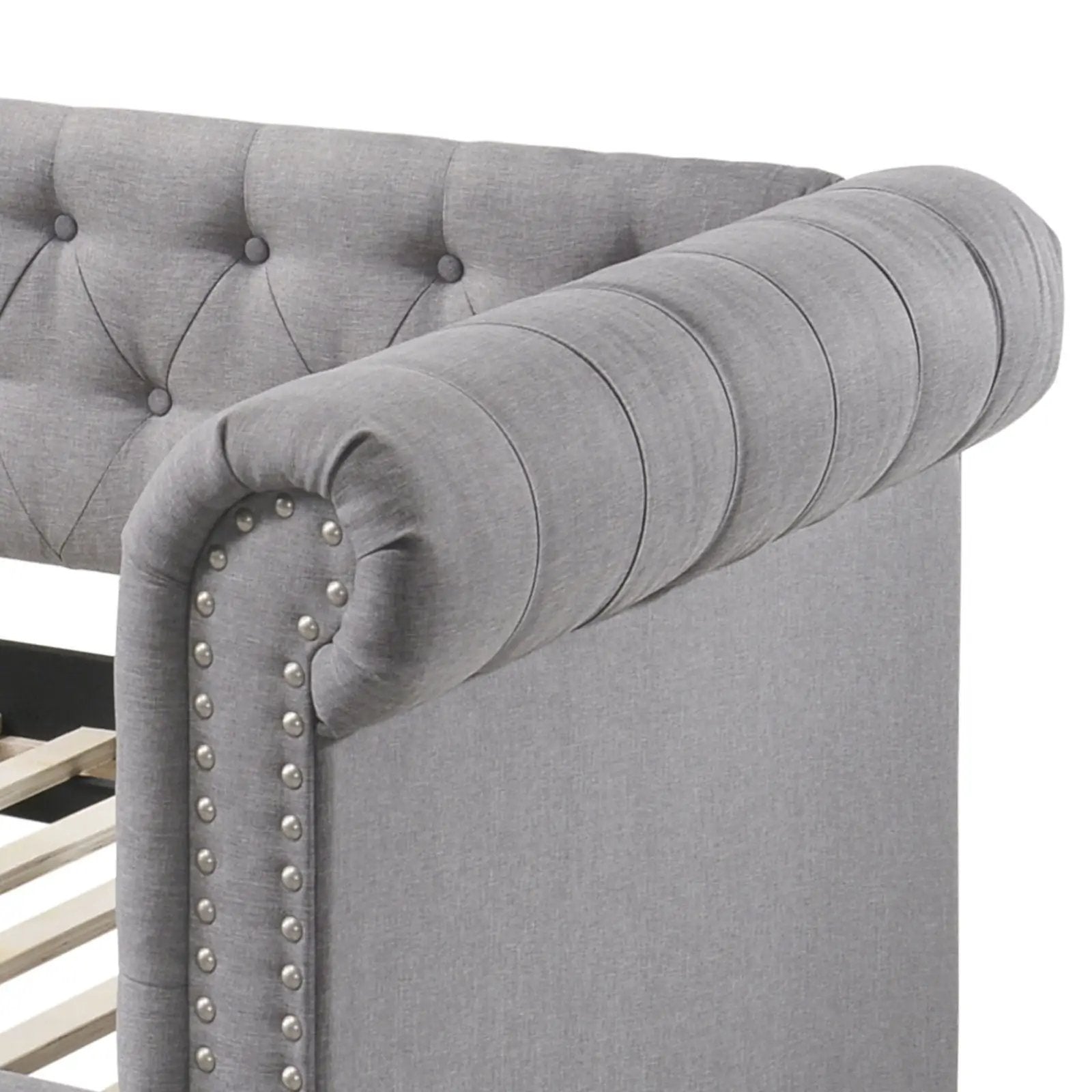 Justice Twin Daybed with Trundle in smoke gray fabric, tufted back and nailhead arms on Tampa Home & Garden Store