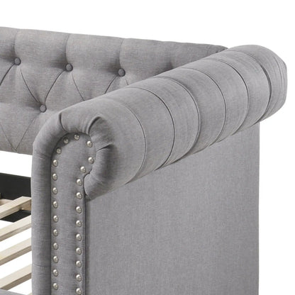 Justice Twin Daybed with Trundle in smoke gray fabric, tufted back and nailhead arms on Tampa Home & Garden Store