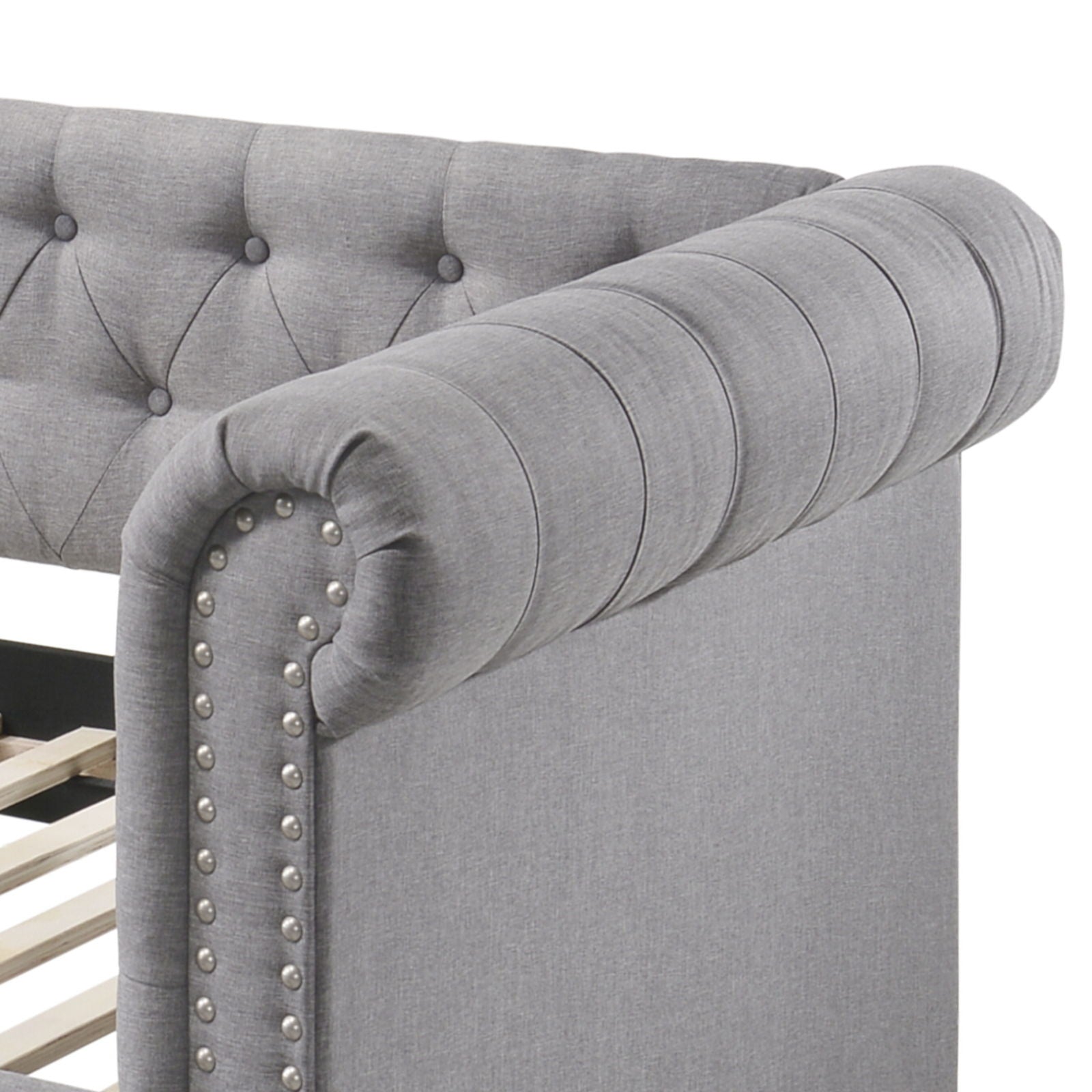 Justice Twin Daybed with Trundle in smoke gray fabric; tufted back, rolled arm, nailhead trim on Tampa Home & Garden Store