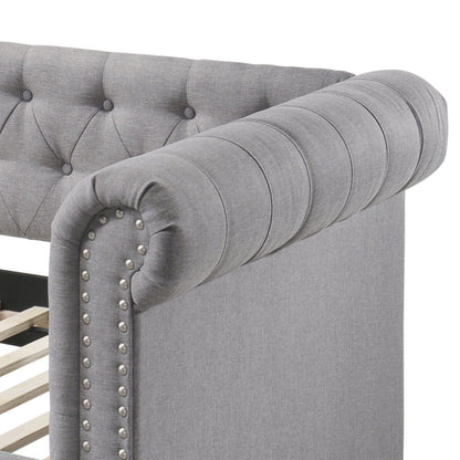 Justice Twin Daybed with Trundle in smoke gray fabric; tufted back, rolled arm, nailhead trim on Tampa Home & Garden Store