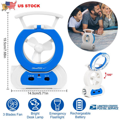 GemGear blue desk cooling fan with 3 blades and 180° adjustable LED lamp on Tampa Home & Garden Store