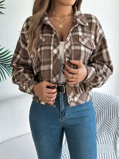 Classic plaid button-up long-sleeve jacket for women by Stevvex with two chest pockets on Tampa Home & Garden Store