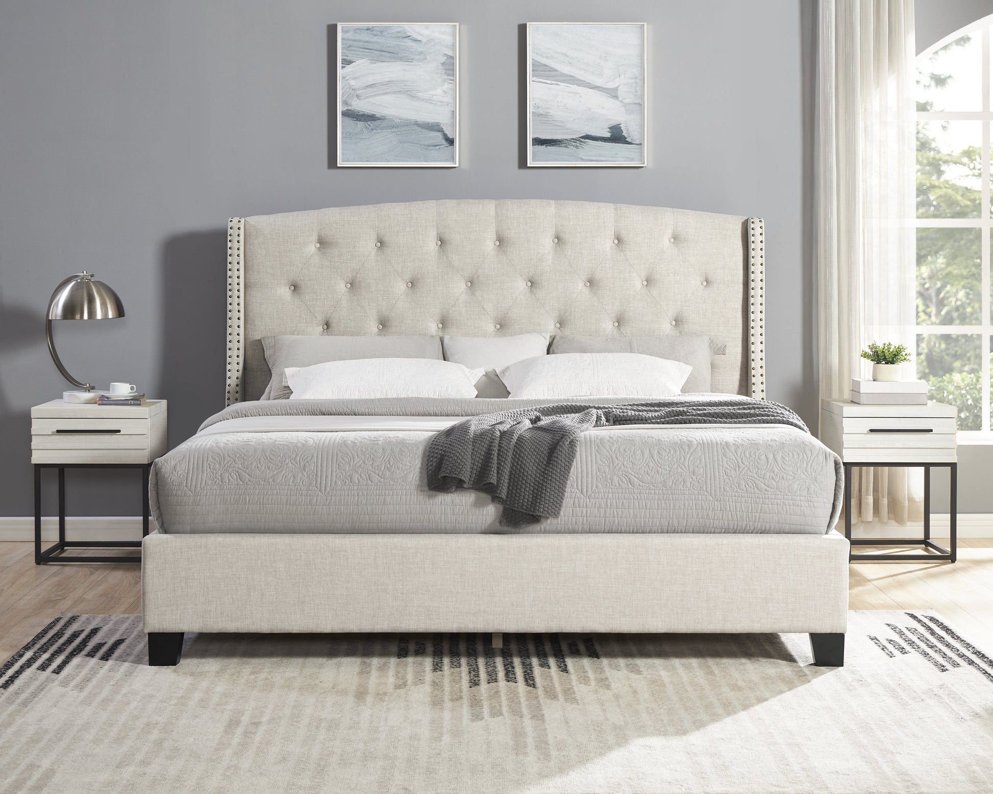 Astral tufted gray wingback bed with two white nightstands, bedroom set by HouseOfZazla on Tampa Home & Garden Store