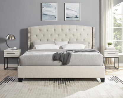 Astral tufted gray wingback bed with two white nightstands, bedroom set by HouseOfZazla on Tampa Home & Garden Store