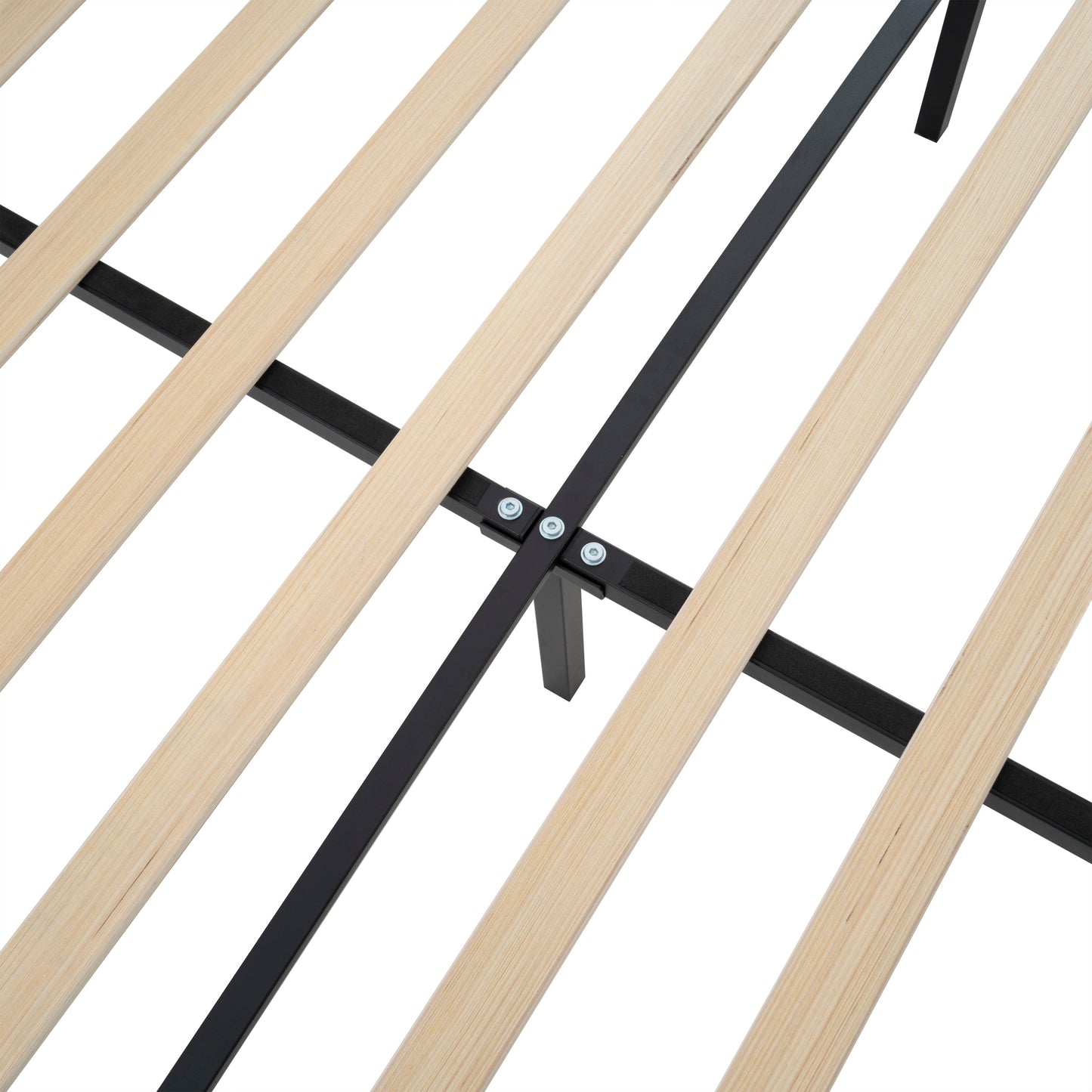 King size bed frame slatted base with light wood slats and black metal supports on Tampa Home & Garden Store