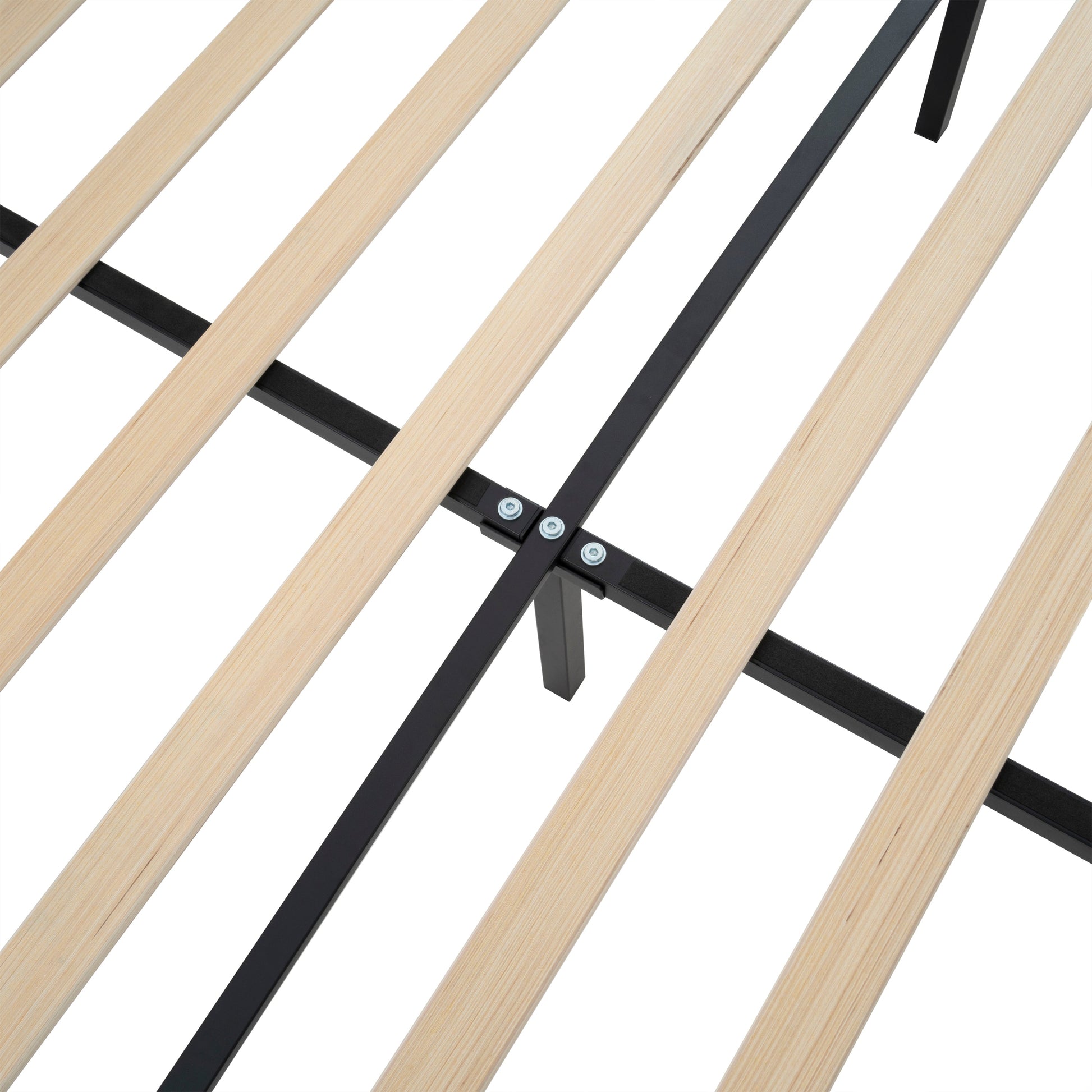 King size bed frame slatted base with light wood slats and black metal supports on Tampa Home & Garden Store