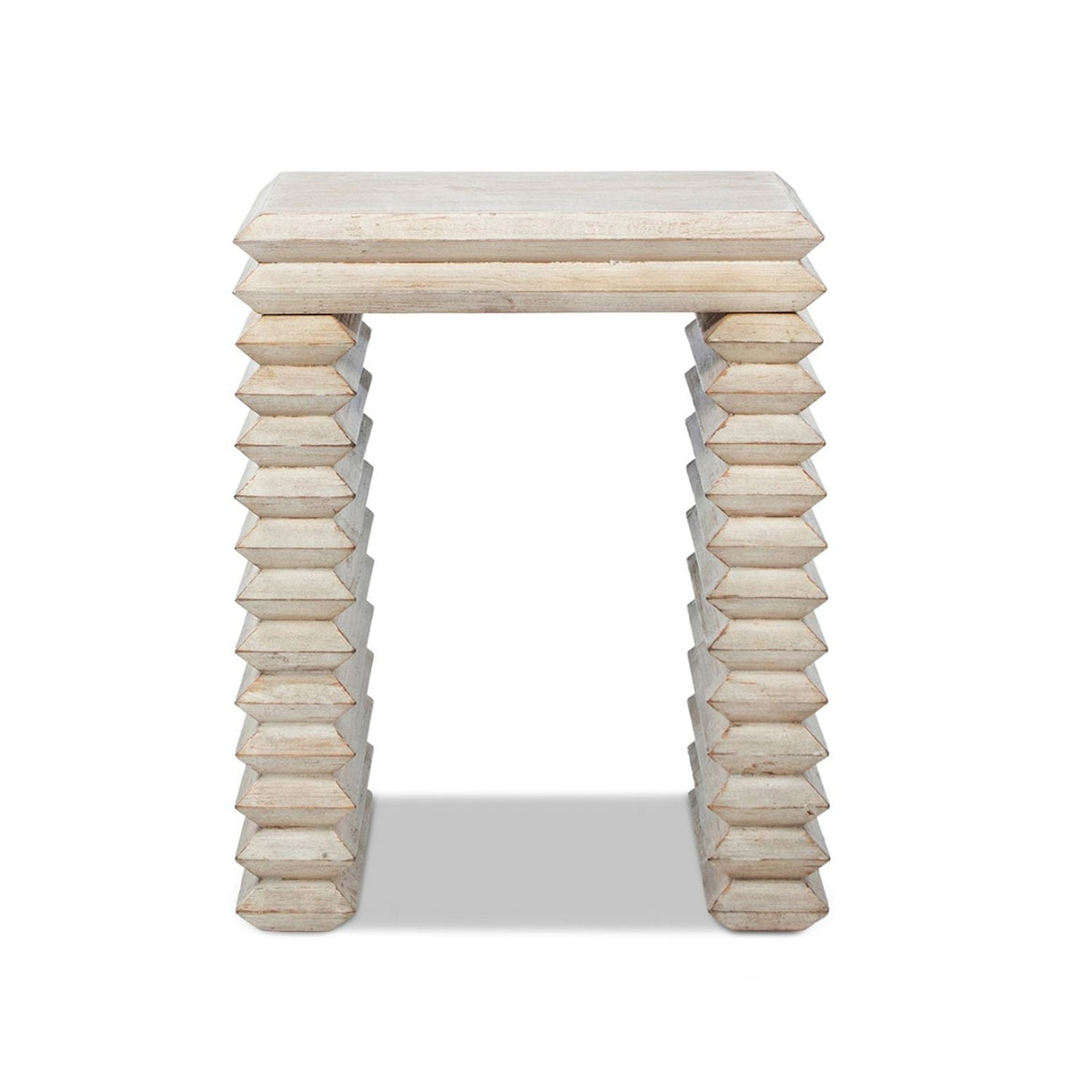 Geometric Waterfall Console Table solid wood with whitewashed finish and stacked block legs on Tampa Home & Garden Store