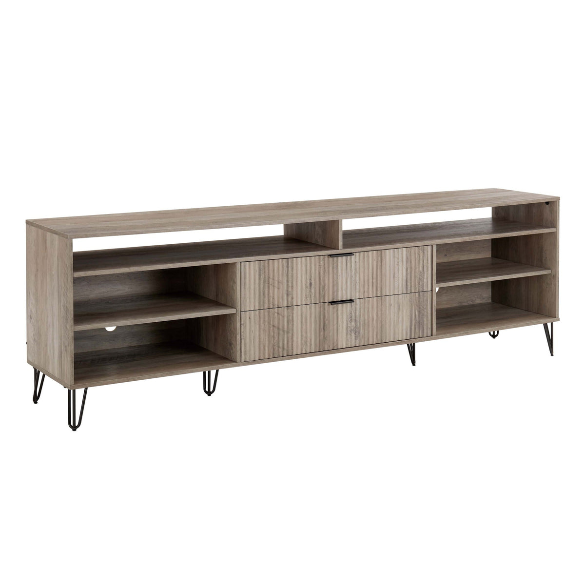 Fluted wood TV stand with storage, open shelves and drawers, metal hairpin legs on Tampa Home & Garden Store