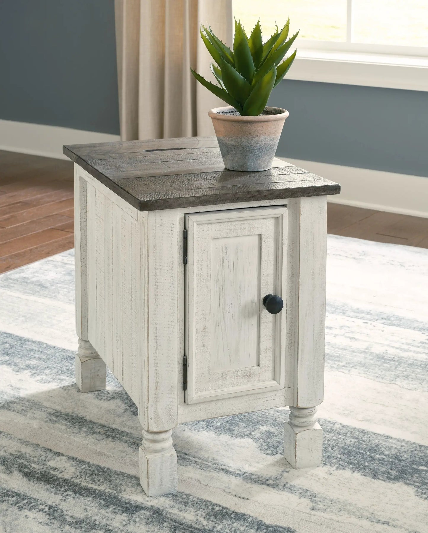 Havalance end table by Unique Piece Furniture, white base with dark gray top and cabinet on Tampa Home & Garden Store
