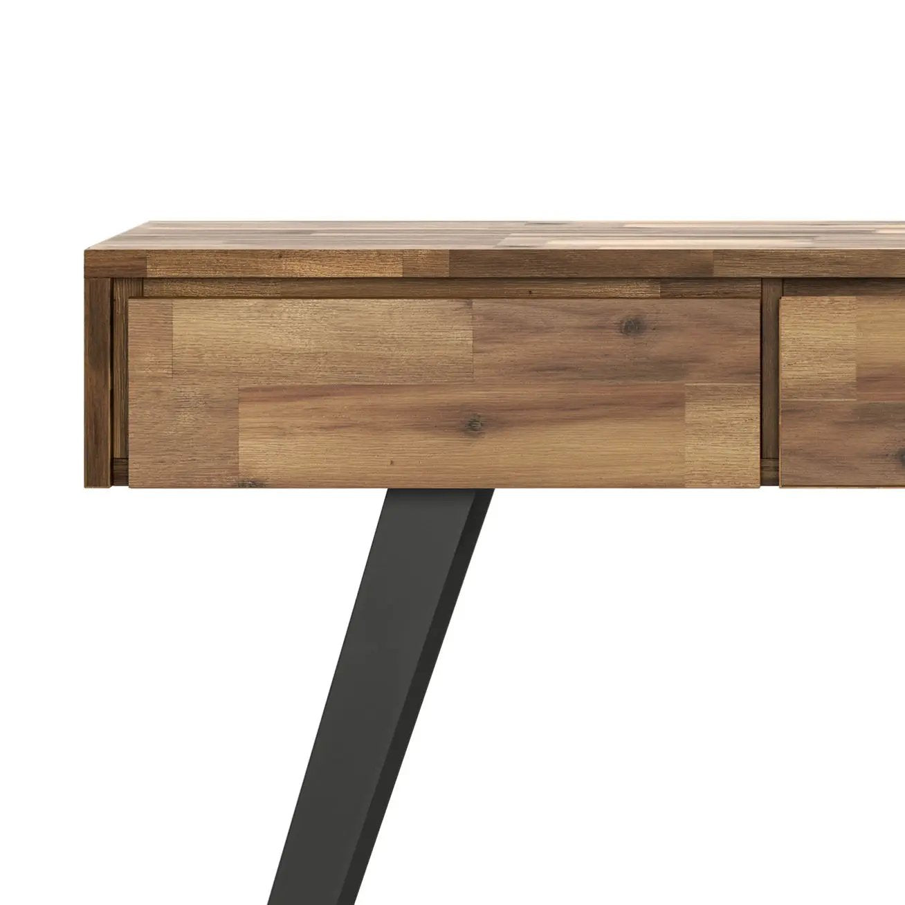 Lowry handcrafted console sofa table with wood parquet top and angled black metal leg on Tampa Home & Garden Store