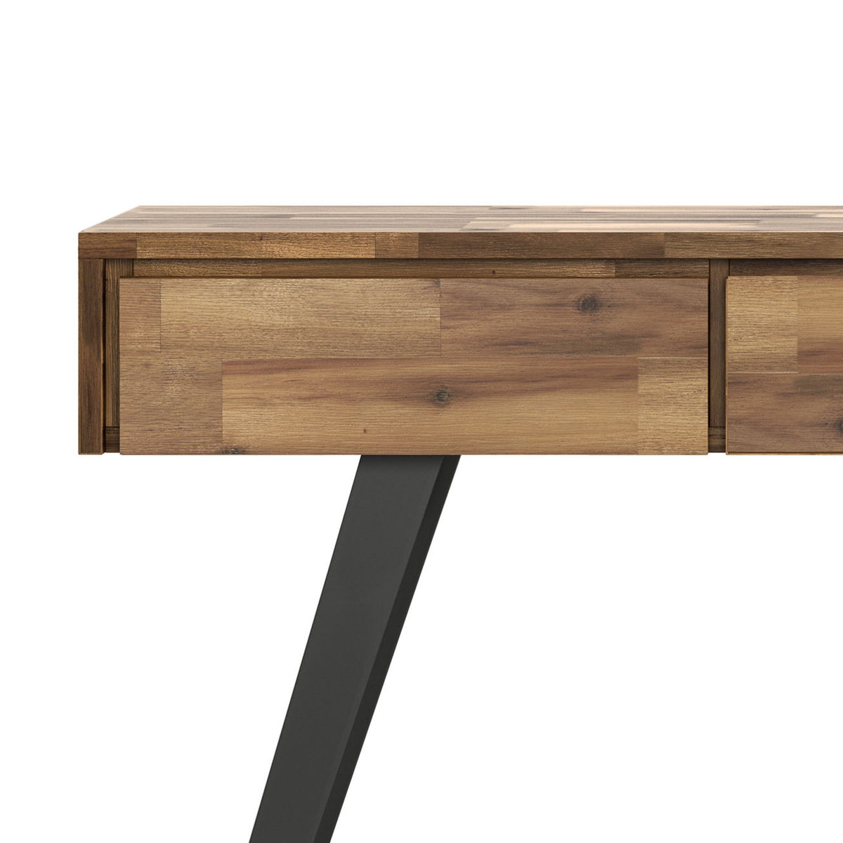 Handcrafted acacia console table with drawers and angled black metal legs on Tampa Home & Garden Store