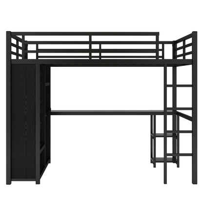 Full Size Metal Loft Bed with Desk and Wardrobe
