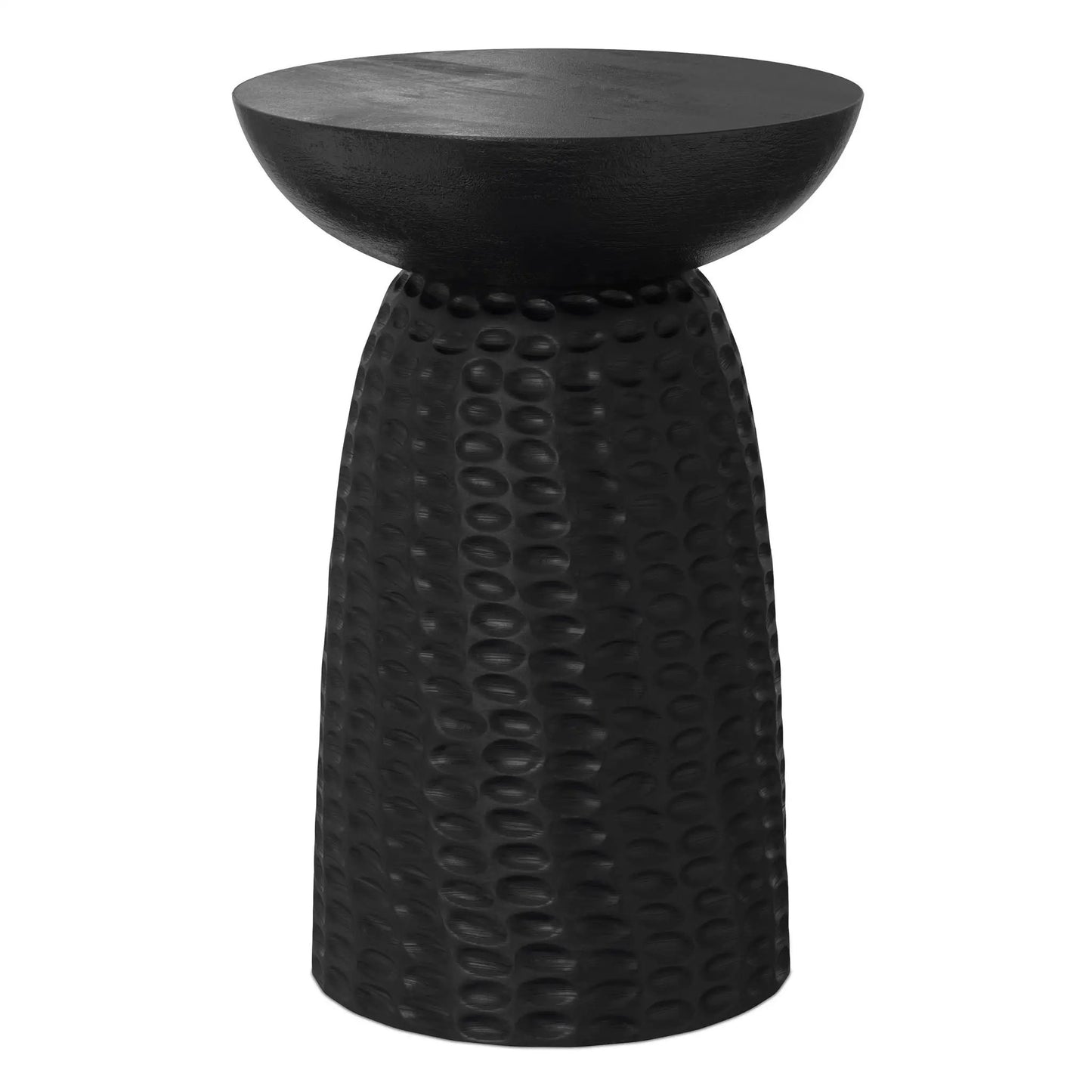 Boyd Handcrafted Accent Table, round black hammered top with textured pedestal base on Tampa Home & Garden Store