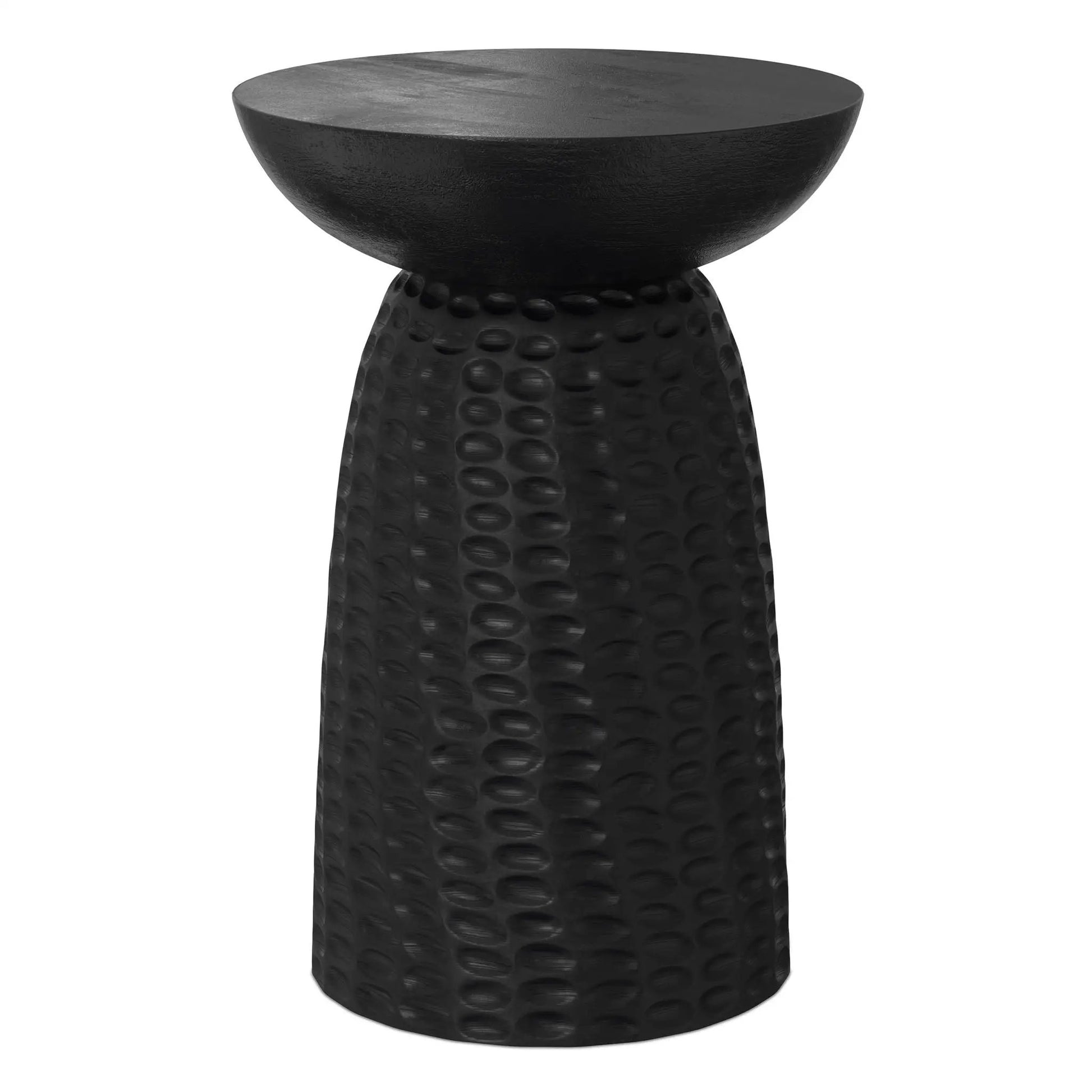 Boyd Handcrafted Accent Table, round black hammered top with textured pedestal base on Tampa Home & Garden Store