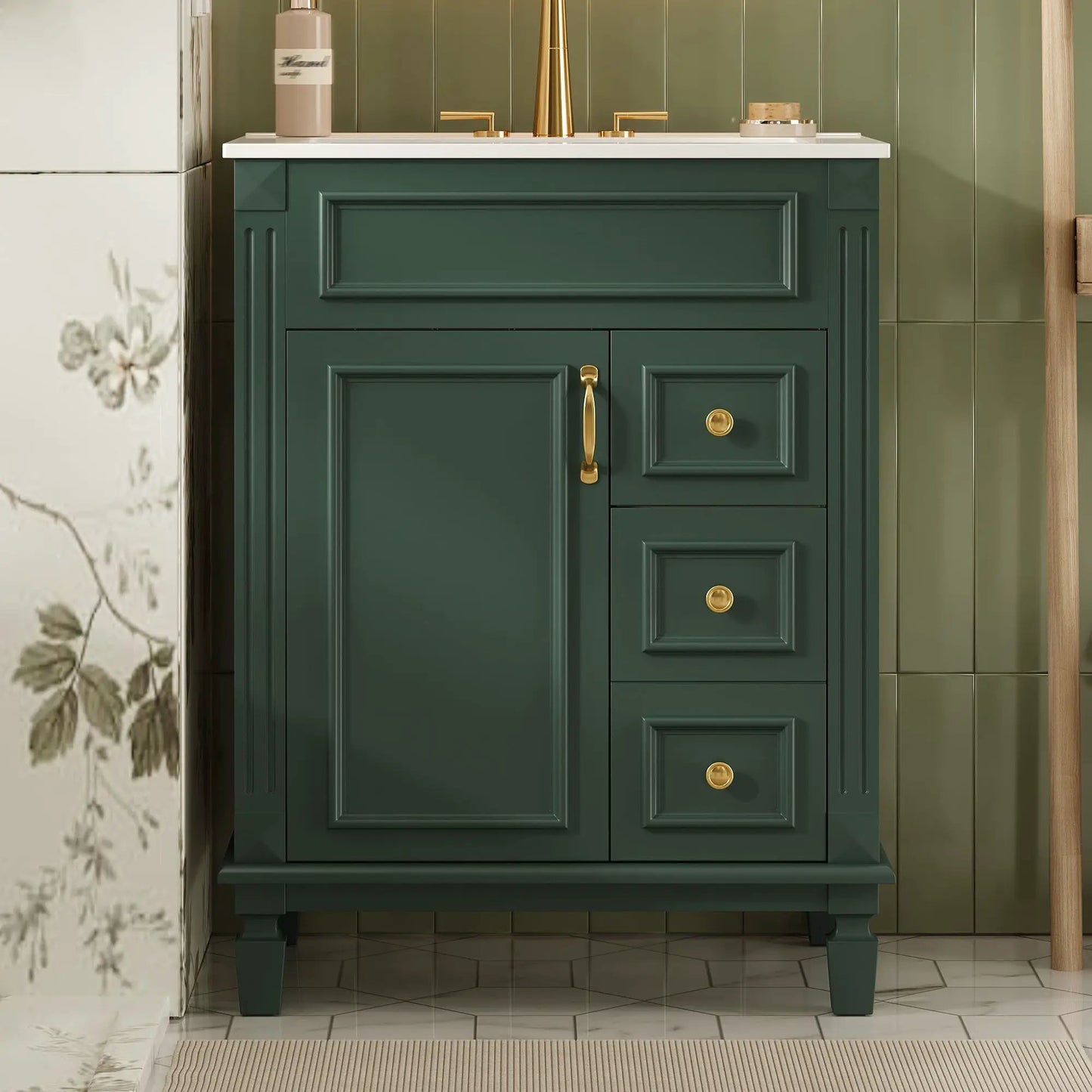 Bathroom vanity with sink in dark green, white top, brass pulls, two drawers and door on Tampa Home & Garden Store
