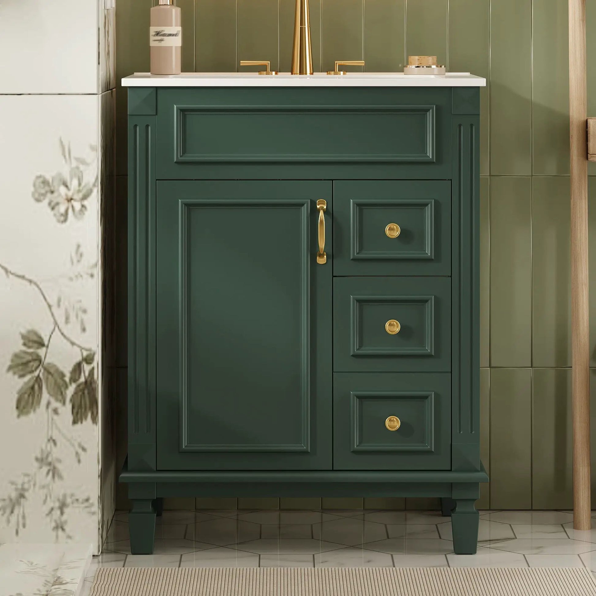 Bathroom vanity with sink in dark green, white top, brass pulls, two drawers and door on Tampa Home & Garden Store