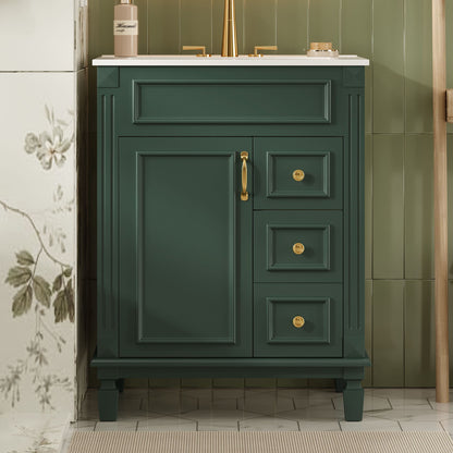 Compact bathroom vanity with ceramic sink, dark green cabinet, white countertop and gold hardware, storage drawers on Tampa Home & Garden Store