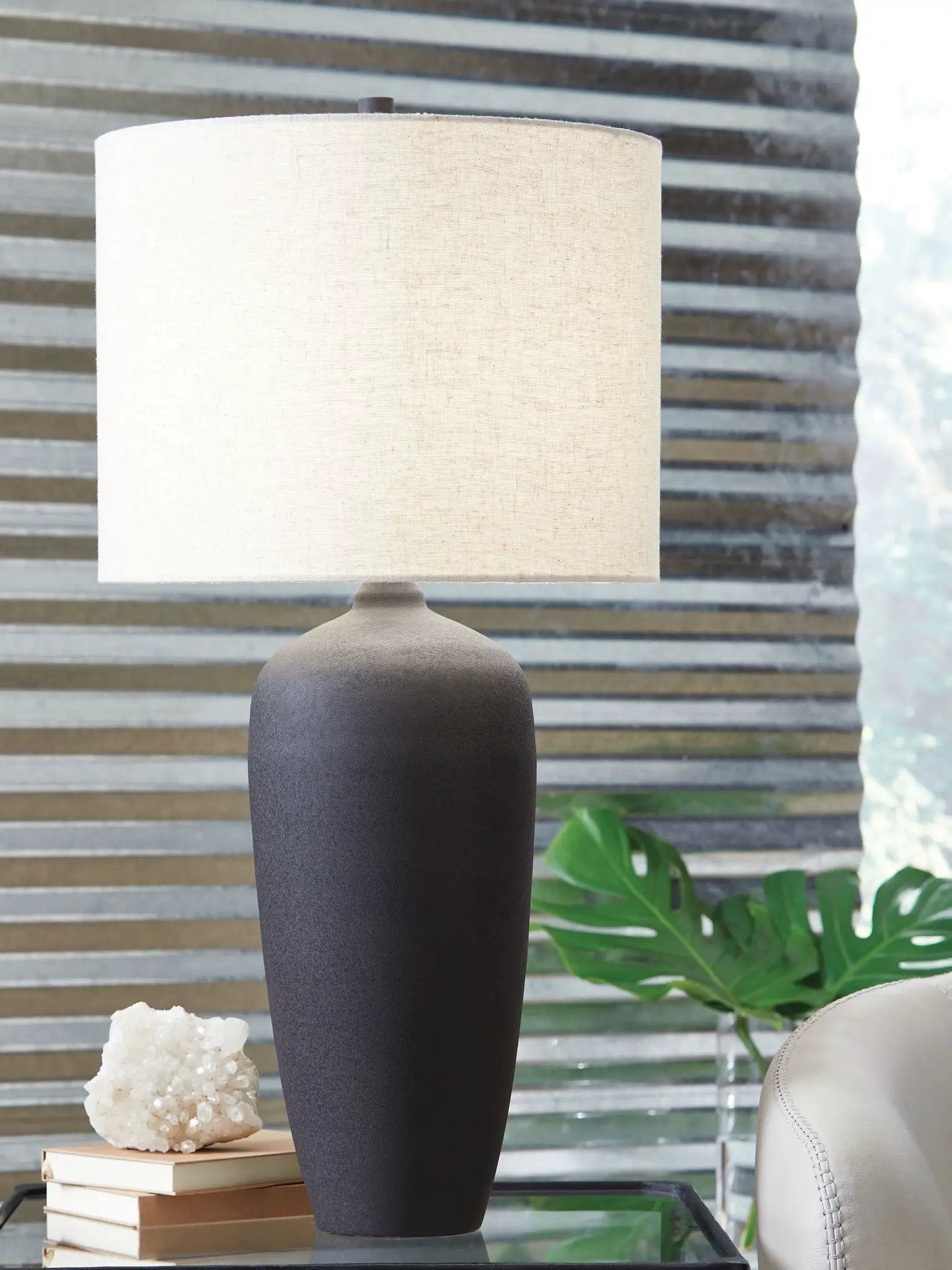 Ryenburg metal table lamp black base beige fabric shade by Unique Piece Furniture on Tampa Home & Garden Store