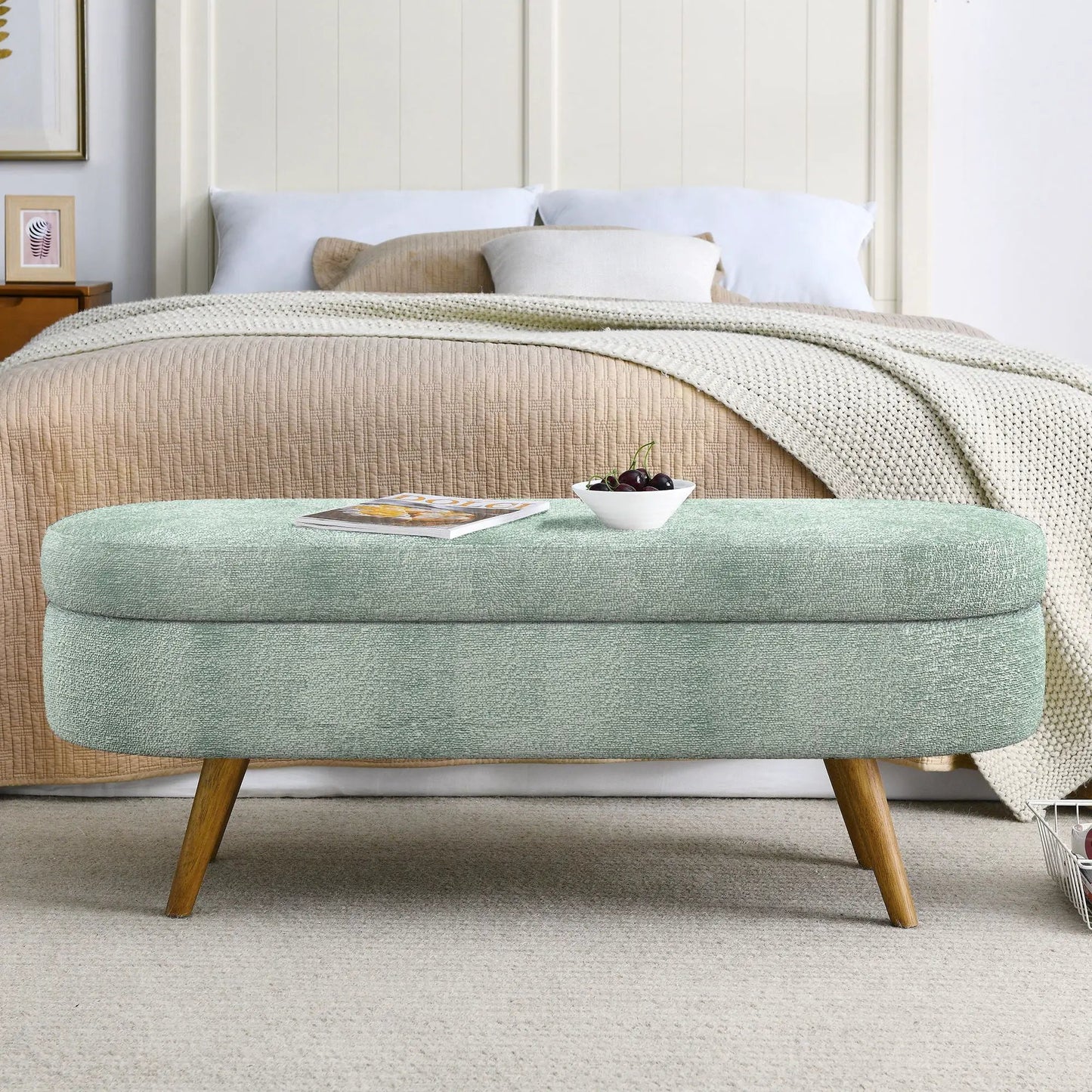 Ottoman Oval Storage Bench With Rubber Wood Legs