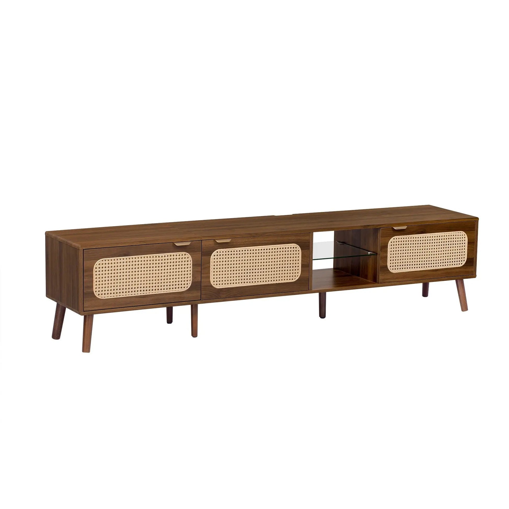 78-inch walnut TV stand with open shelves and cane-woven cabinet fronts by Unique Piece Furniture on Tampa Home & Garden Store