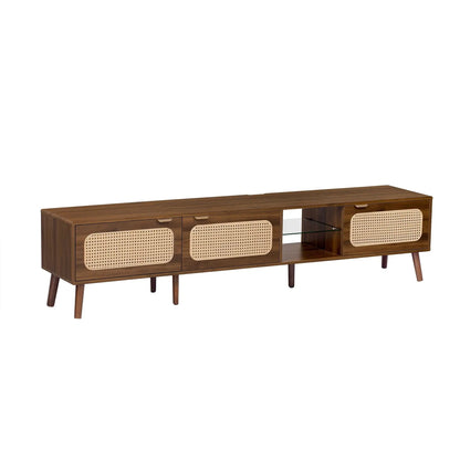 78-inch walnut TV stand with open shelves and cane-woven cabinet fronts by Unique Piece Furniture on Tampa Home & Garden Store