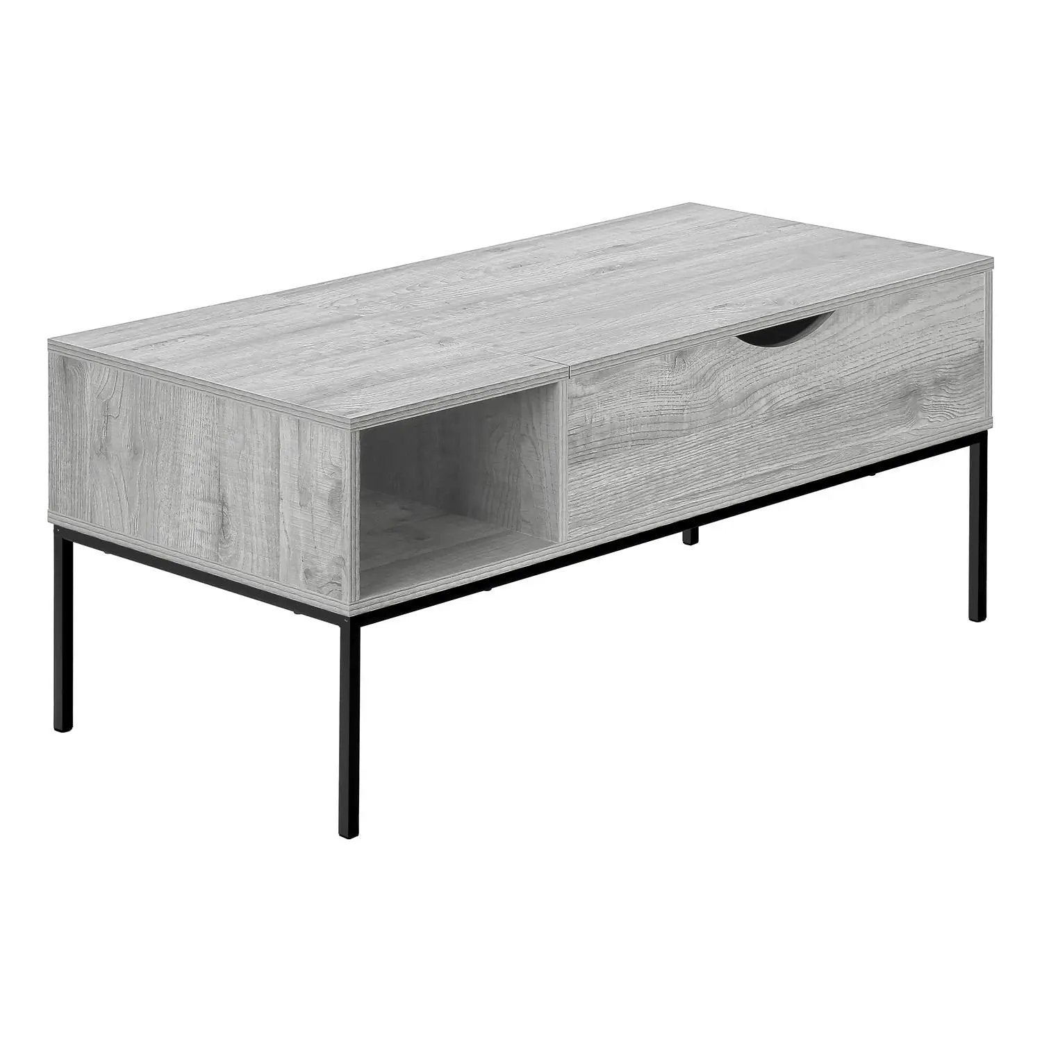 Rectangular lift-top coffee table in light wood with a right drawer and open cubby on black legs on Tampa Home & Garden Store
