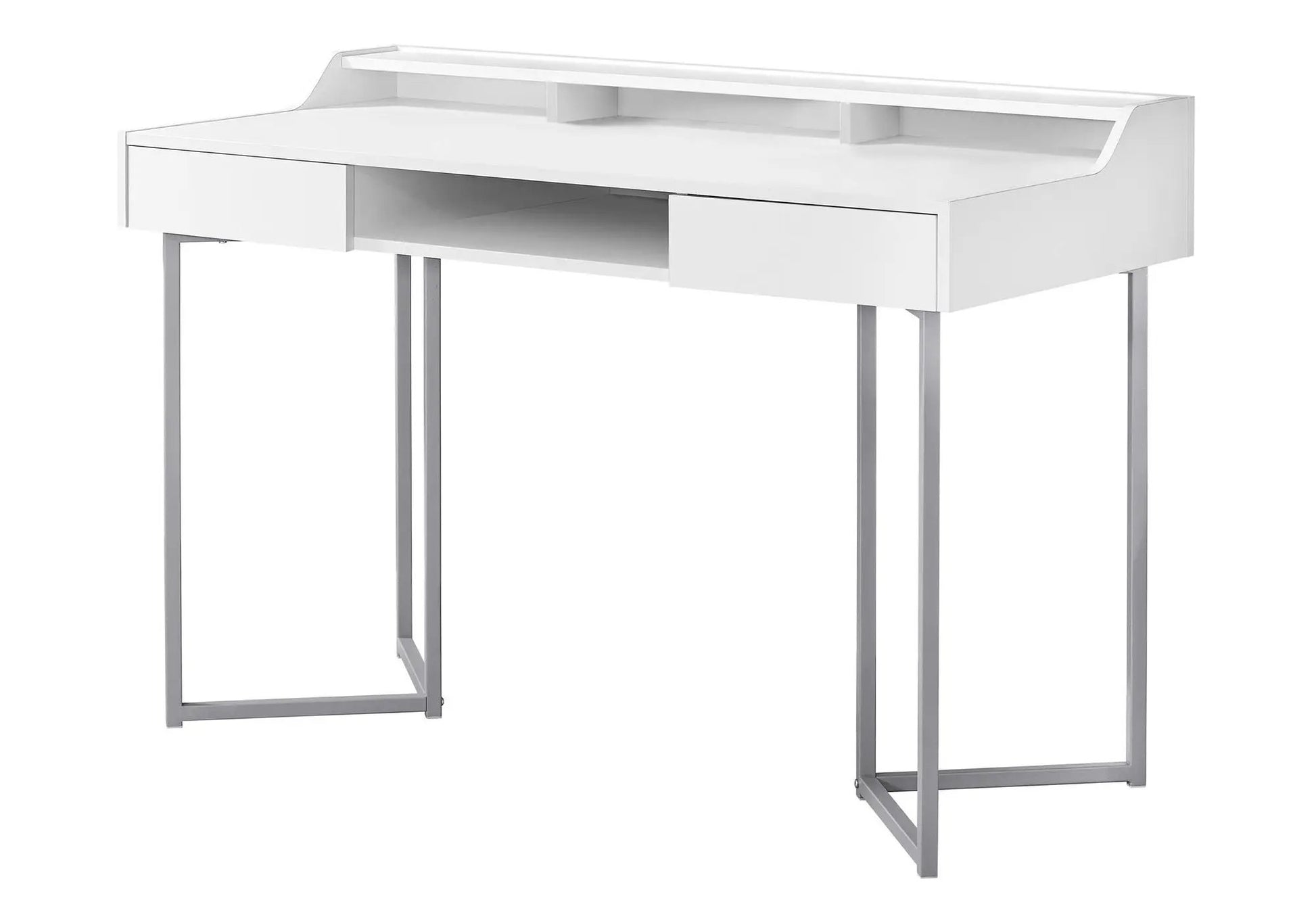 Computer desk in white with ample storage, two drawers and open shelf on metal legs on Tampa Home & Garden Store