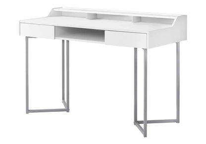 Computer desk in white with ample storage, two drawers and open shelf on metal legs on Tampa Home & Garden Store