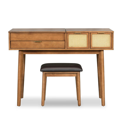 Classic wood vanity set with three drawers and cane-front storage cabinets; stool included on Tampa Home & Garden Store