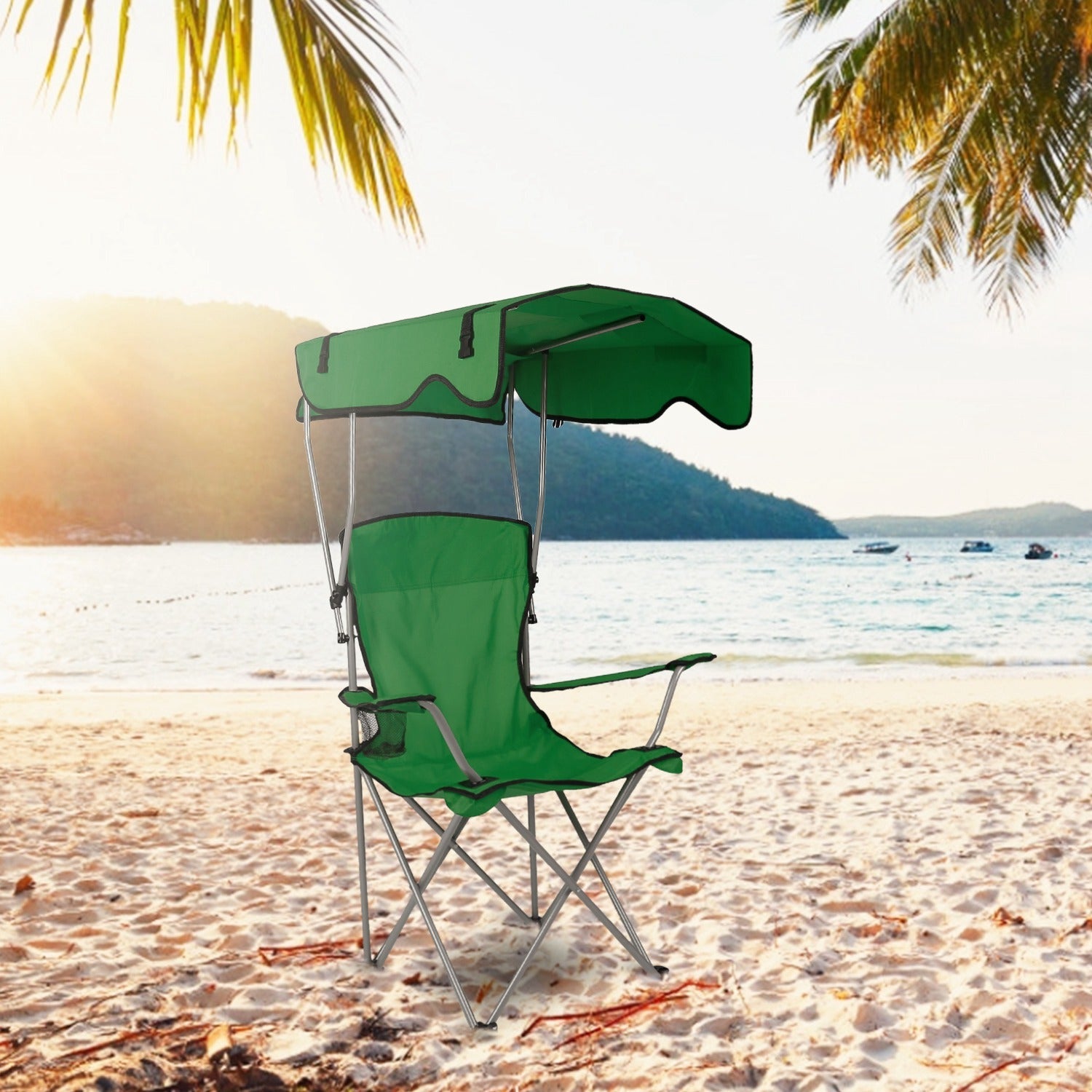 GemGear foldable beach canopy chair with green canopy, foldable steel frame, cup holder on Tampa Home & Garden Store