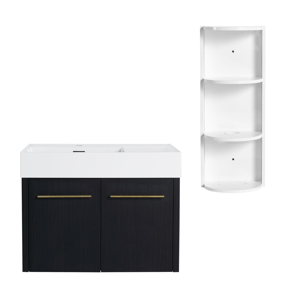 Modern wall-mounted bathroom vanity by HouseOfZazla with resin sink, white top, black base and storage on Tampa Home & Garden Store