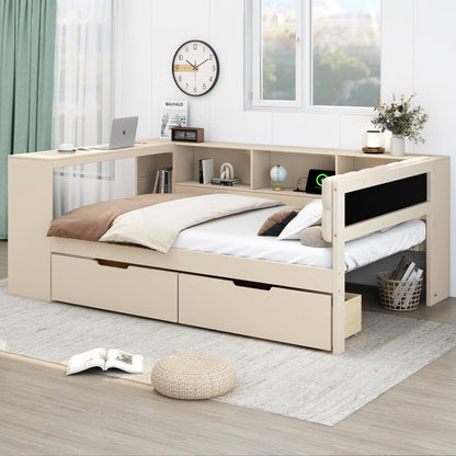 Upholstered platform bed with built-in storage drawers and charging station in beige finish on Tampa Home & Garden Store