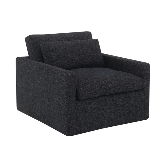 Naveen swivel chair with 1 toss pillow, dark charcoal fabric, boxy arms on Tampa Home & Garden Store