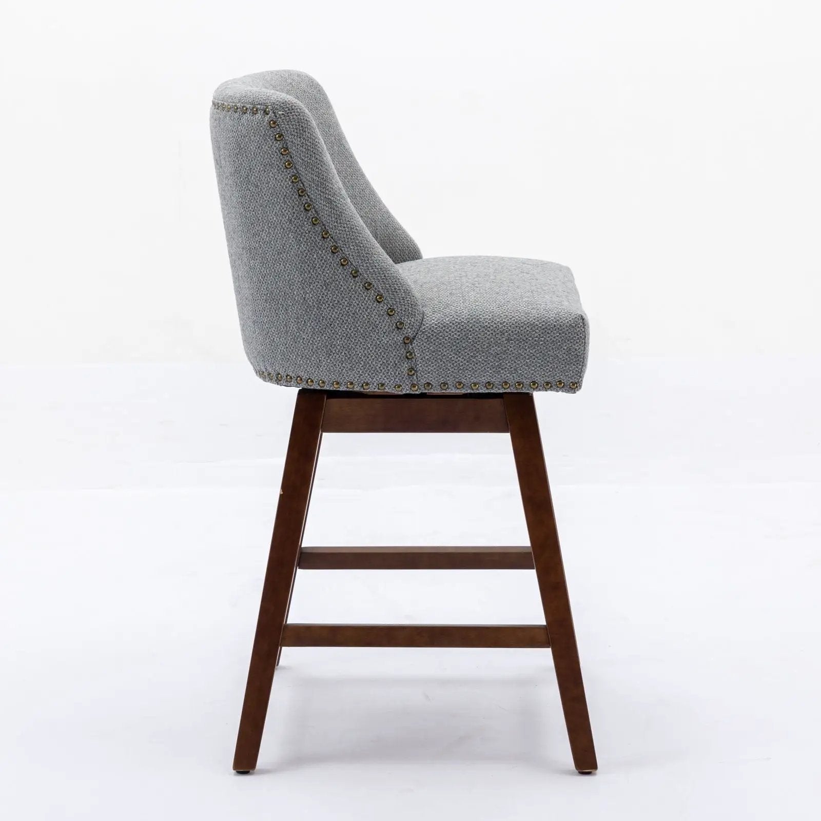 Counter height swivel barstools 2-pack in gray fabric with nailhead trim and dark wood legs on Tampa Home & Garden Store