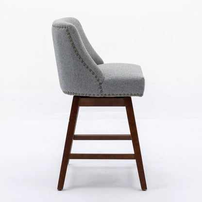 Counter height swivel barstools 2-pack in gray fabric with nailhead trim and dark wood legs on Tampa Home & Garden Store